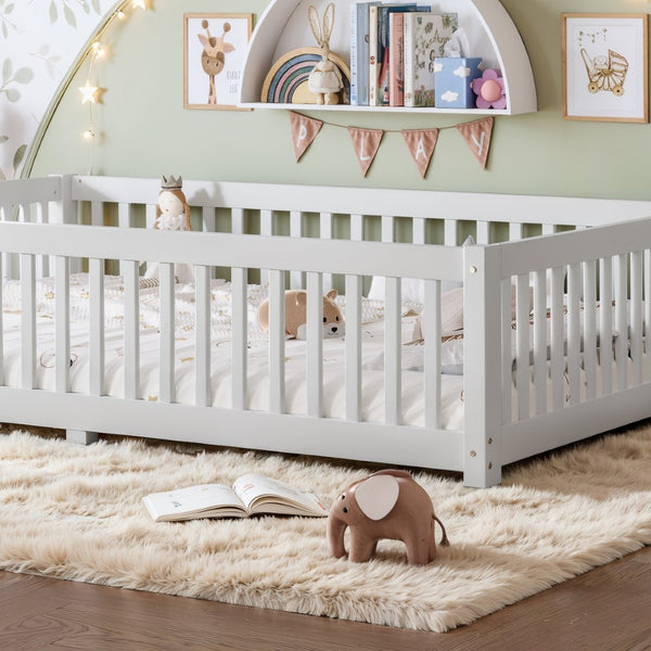 English Elm Queen Pine Floor Bed with Guardrails Hinged Door Low Profile Kids Sleep Frame White W1580P462324