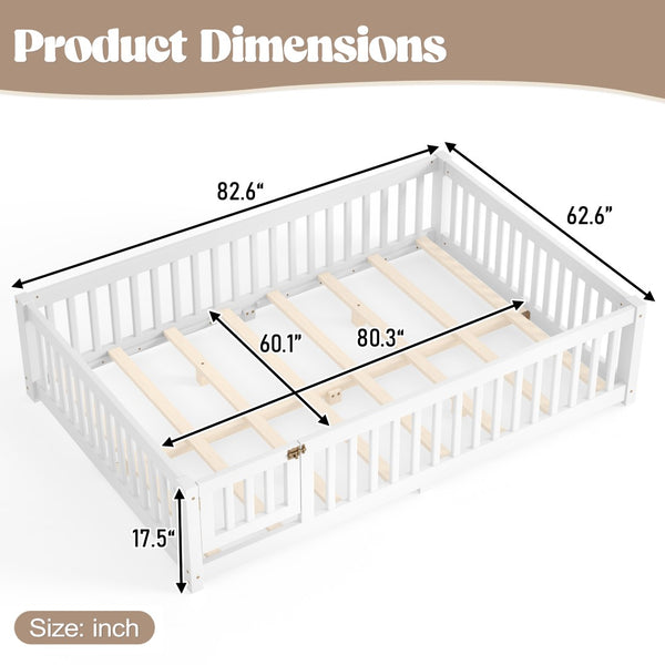 English Elm Queen Pine Floor Bed with Guardrails Hinged Door Low Profile Kids Sleep Frame White W1580P462324