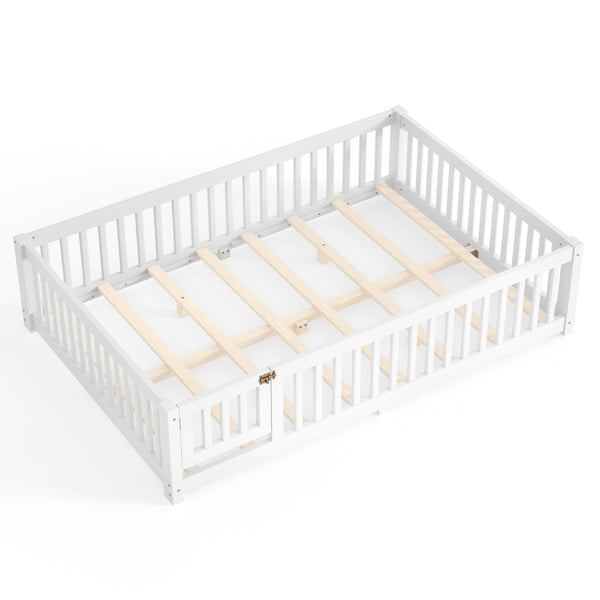 English Elm Queen Pine Floor Bed with Guardrails Hinged Door Low Profile Kids Sleep Frame White W1580P462324