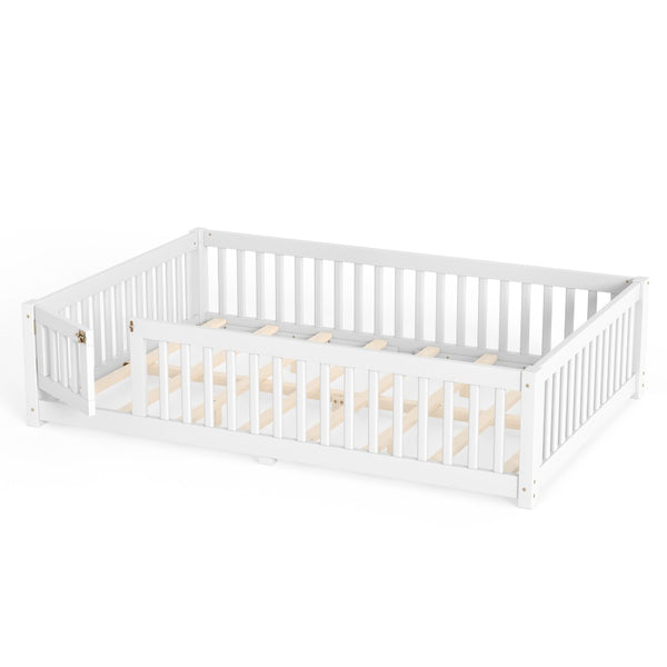 English Elm Queen Pine Floor Bed with Guardrails Hinged Door Low Profile Kids Sleep Frame White W1580P462324