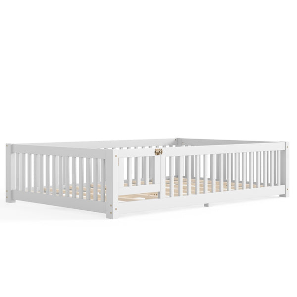 English Elm Queen Pine Floor Bed with Guardrails Hinged Door Low Profile Kids Sleep Frame White W1580P462324