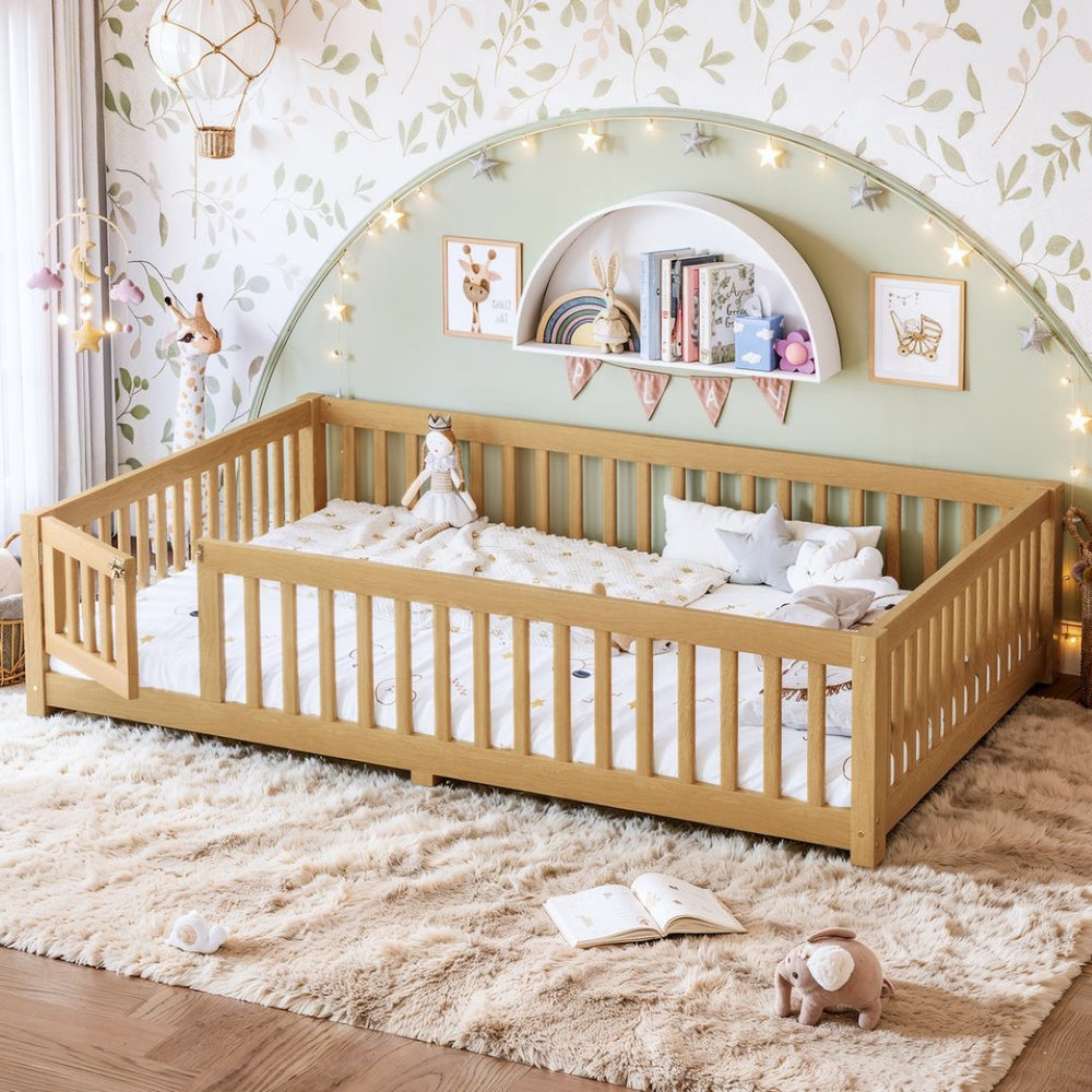 English Elm Queen Pine Floor Bed with Guardrails Hinged Door Low Profile Kids Sleep Frame Natural W1580P462325