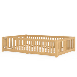 English Elm Queen Pine Floor Bed with Guardrails Hinged Door Low Profile Kids Sleep Frame Natural W1580P462325