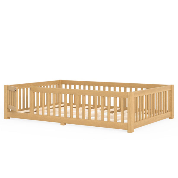 English Elm Queen Pine Floor Bed with Guardrails Hinged Door Low Profile Kids Sleep Frame Natural W1580P462325