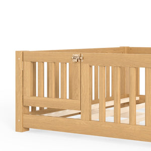English Elm Queen Pine Floor Bed with Guardrails Hinged Door Low Profile Kids Sleep Frame Natural W1580P462325
