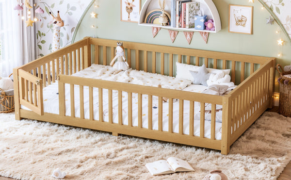 English Elm Queen Pine Floor Bed with Guardrails Hinged Door Low Profile Kids Sleep Frame Natural W1580P462325
