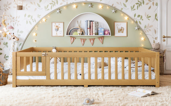 English Elm Queen Pine Floor Bed with Guardrails Hinged Door Low Profile Kids Sleep Frame Natural W1580P462325