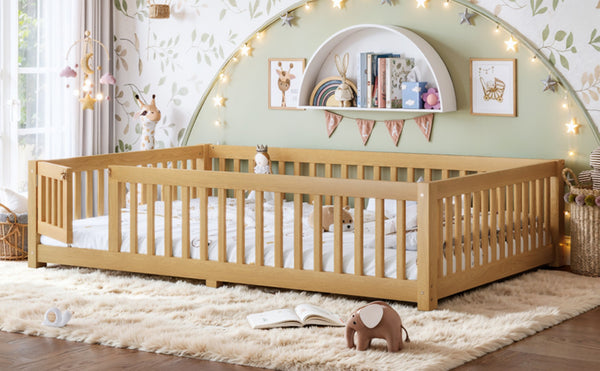 English Elm Queen Pine Floor Bed with Guardrails Hinged Door Low Profile Kids Sleep Frame Natural W1580P462325