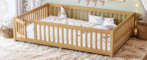 English Elm Queen Pine Floor Bed with Guardrails Hinged Door Low Profile Kids Sleep Frame Natural W1580P462325