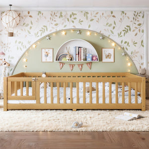 English Elm Queen Pine Floor Bed with Guardrails Hinged Door Low Profile Kids Sleep Frame Natural W1580P462325