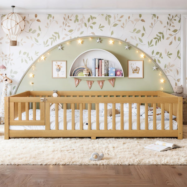 English Elm Queen Pine Floor Bed with Guardrails Hinged Door Low Profile Kids Sleep Frame Natural W1580P462325