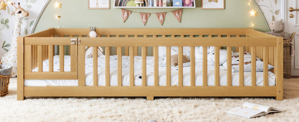 English Elm Queen Pine Floor Bed with Guardrails Hinged Door Low Profile Kids Sleep Frame Natural W1580P462325