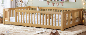 English Elm Queen Pine Floor Bed with Guardrails Hinged Door Low Profile Kids Sleep Frame Natural W1580P462325