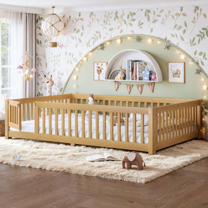 English Elm Queen Pine Floor Bed with Guardrails Hinged Door Low Profile Kids Sleep Frame Natural W1580P462325