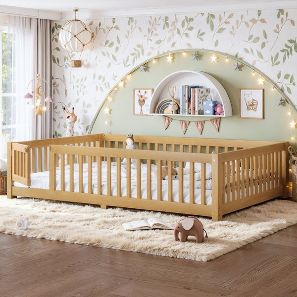 English Elm Queen Pine Floor Bed with Guardrails Hinged Door Low Profile Kids Sleep Frame Natural W1580P462325