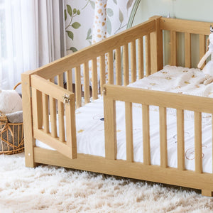 English Elm Queen Pine Floor Bed with Guardrails Hinged Door Low Profile Kids Sleep Frame Natural W1580P462325