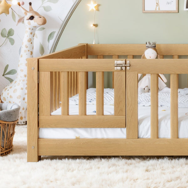 English Elm Queen Pine Floor Bed with Guardrails Hinged Door Low Profile Kids Sleep Frame Natural W1580P462325
