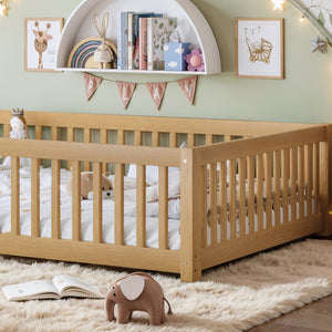 English Elm Queen Pine Floor Bed with Guardrails Hinged Door Low Profile Kids Sleep Frame Natural W1580P462325