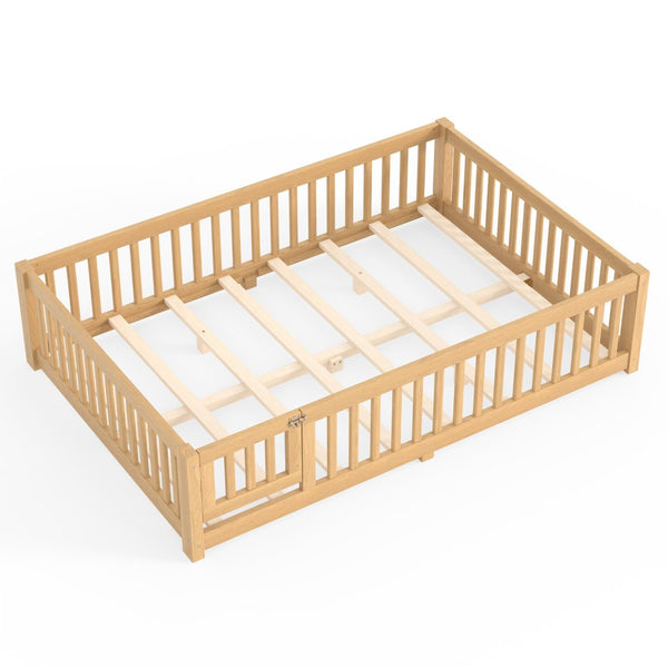 English Elm Queen Pine Floor Bed with Guardrails Hinged Door Low Profile Kids Sleep Frame Natural W1580P462325