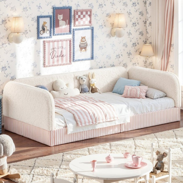 English Elm Twin Montessori Floor Bed Teddy Fleece Upholstered Low Platform with Safety Guardrails Beige W1580P493110