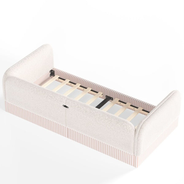 English Elm Twin Montessori Floor Bed Teddy Fleece Upholstered Low Platform with Safety Guardrails Beige W1580P493110