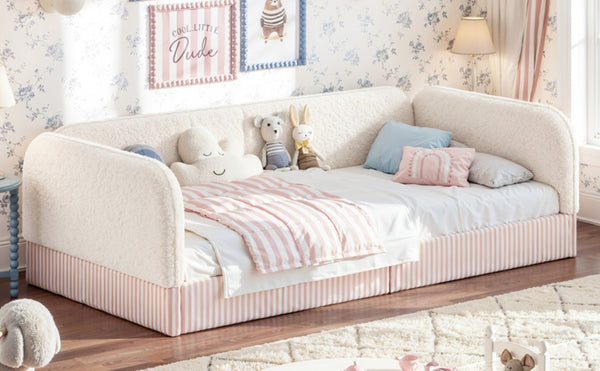 English Elm Twin Montessori Floor Bed Teddy Fleece Upholstered Low Platform with Safety Guardrails Beige W1580P493110