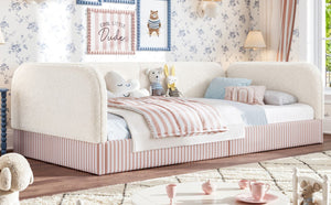 English Elm Twin Montessori Floor Bed Teddy Fleece Upholstered Low Platform with Safety Guardrails Beige W1580P493110