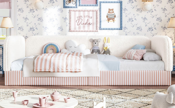 English Elm Twin Montessori Floor Bed Teddy Fleece Upholstered Low Platform with Safety Guardrails Beige W1580P493110