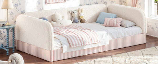 English Elm Twin Montessori Floor Bed Teddy Fleece Upholstered Low Platform with Safety Guardrails Beige W1580P493110