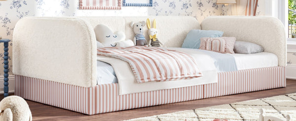English Elm Twin Montessori Floor Bed Teddy Fleece Upholstered Low Platform with Safety Guardrails Beige W1580P493110