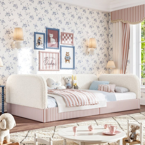 English Elm Twin Montessori Floor Bed Teddy Fleece Upholstered Low Platform with Safety Guardrails Beige W1580P493110