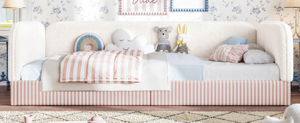 English Elm Twin Montessori Floor Bed Teddy Fleece Upholstered Low Platform with Safety Guardrails Beige W1580P493110