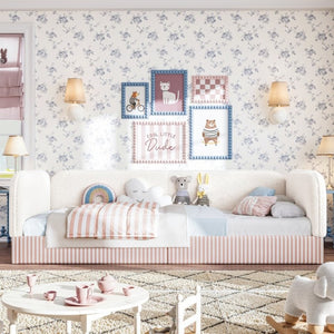English Elm Twin Montessori Floor Bed Teddy Fleece Upholstered Low Platform with Safety Guardrails Beige W1580P493110