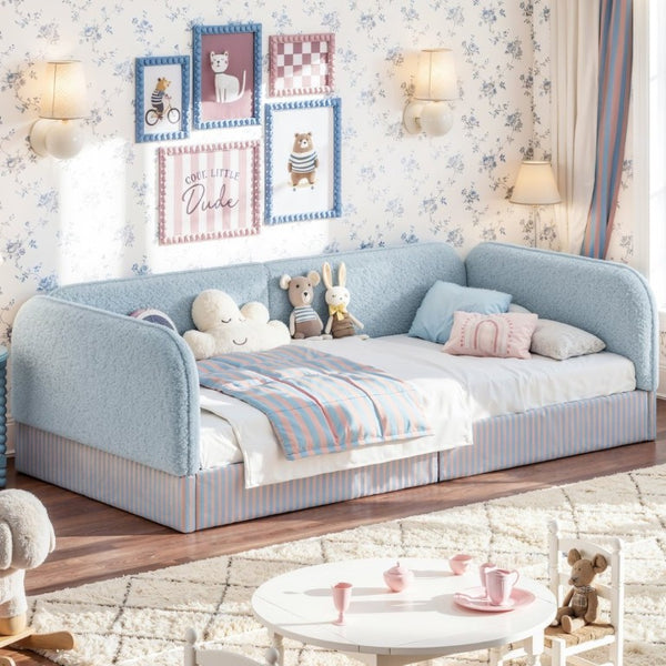 English Elm Twin Montessori Floor Bed Teddy Fleece Upholstered Low Platform with Safety Guardrails Blue W1580P493112