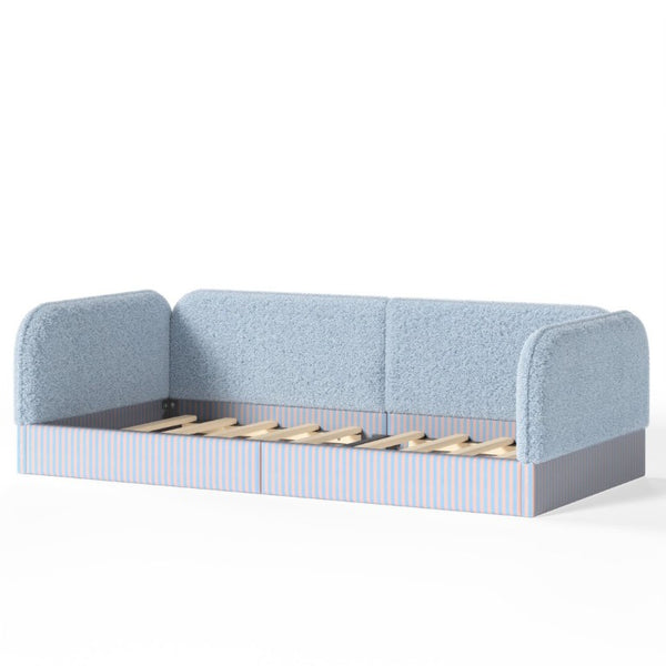 English Elm Twin Montessori Floor Bed Teddy Fleece Upholstered Low Platform with Safety Guardrails Blue W1580P493112