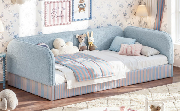 English Elm Twin Montessori Floor Bed Teddy Fleece Upholstered Low Platform with Safety Guardrails Blue W1580P493112