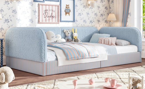 English Elm Twin Montessori Floor Bed Teddy Fleece Upholstered Low Platform with Safety Guardrails Blue W1580P493112