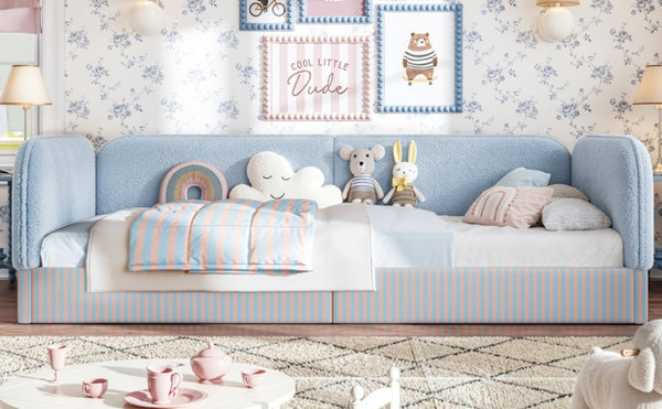 English Elm Twin Montessori Floor Bed Teddy Fleece Upholstered Low Platform with Safety Guardrails Blue W1580P493112
