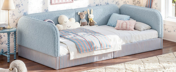 English Elm Twin Montessori Floor Bed Teddy Fleece Upholstered Low Platform with Safety Guardrails Blue W1580P493112
