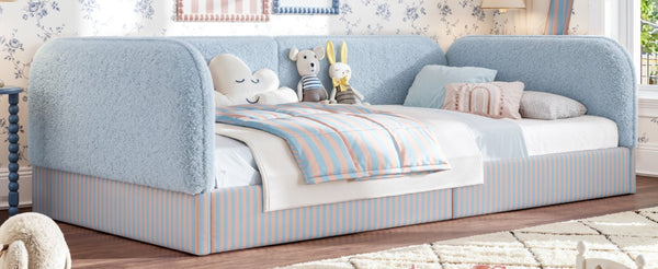 English Elm Twin Montessori Floor Bed Teddy Fleece Upholstered Low Platform with Safety Guardrails Blue W1580P493112
