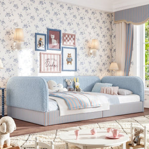 English Elm Twin Montessori Floor Bed Teddy Fleece Upholstered Low Platform with Safety Guardrails Blue W1580P493112