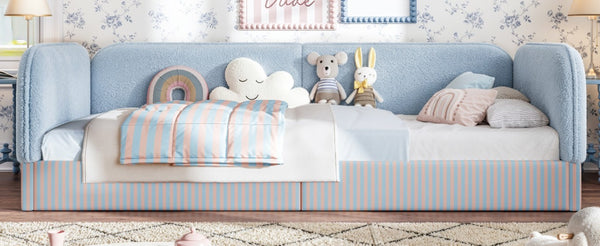 English Elm Twin Montessori Floor Bed Teddy Fleece Upholstered Low Platform with Safety Guardrails Blue W1580P493112