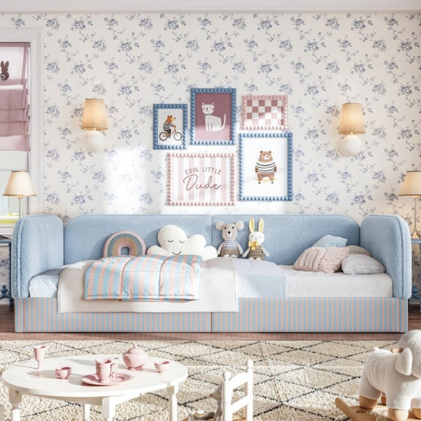 English Elm Twin Montessori Floor Bed Teddy Fleece Upholstered Low Platform with Safety Guardrails Blue W1580P493112