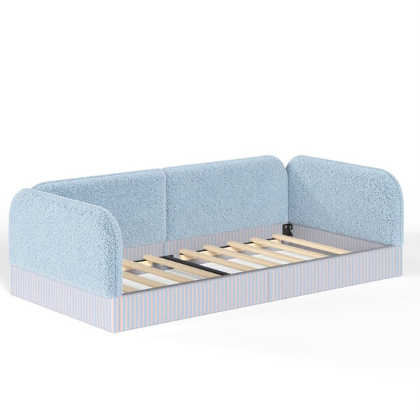 English Elm Twin Montessori Floor Bed Teddy Fleece Upholstered Low Platform with Safety Guardrails Blue W1580P493112