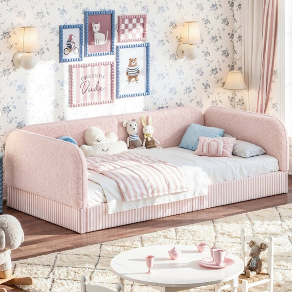 English Elm Twin Montessori Floor Bed Teddy Fleece Upholstered Low Platform with Safety Guardrails Pink W1580P493114
