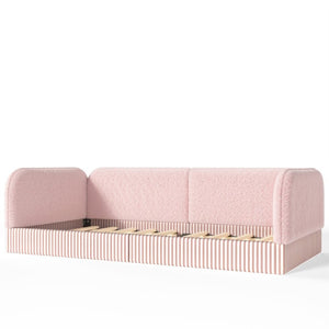 English Elm Twin Montessori Floor Bed Teddy Fleece Upholstered Low Platform with Safety Guardrails Pink W1580P493114