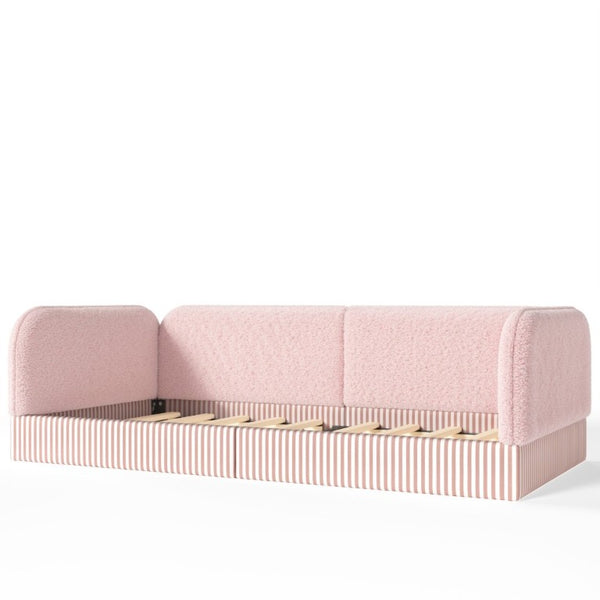 English Elm Twin Montessori Floor Bed Teddy Fleece Upholstered Low Platform with Safety Guardrails Pink W1580P493114