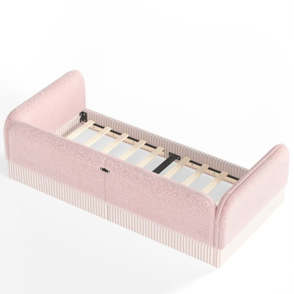 English Elm Twin Montessori Floor Bed Teddy Fleece Upholstered Low Platform with Safety Guardrails Pink W1580P493114