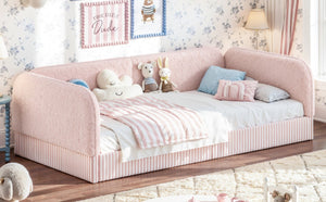 English Elm Twin Montessori Floor Bed Teddy Fleece Upholstered Low Platform with Safety Guardrails Pink W1580P493114