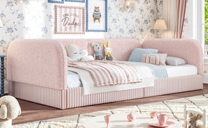 English Elm Twin Montessori Floor Bed Teddy Fleece Upholstered Low Platform with Safety Guardrails Pink W1580P493114